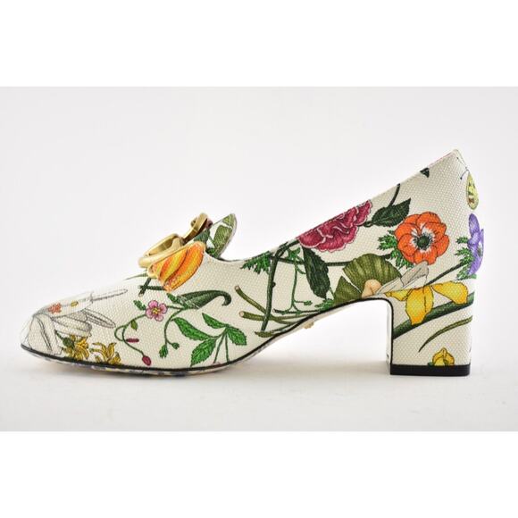Gucci Victoire 55 White Canvas Floral Logo Block Mid Heel Mule Loafer Pump 36.5 - Picture 7 of 10